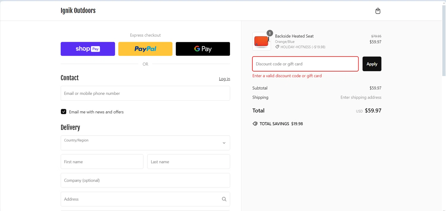Ignik Outdoors promo code screenshot showing code Ignik-blacked-out-25 applied at Ignik Outdoors checkout page. Uploaded by SimplyCodes community member Airtek on Jan 1, 2025