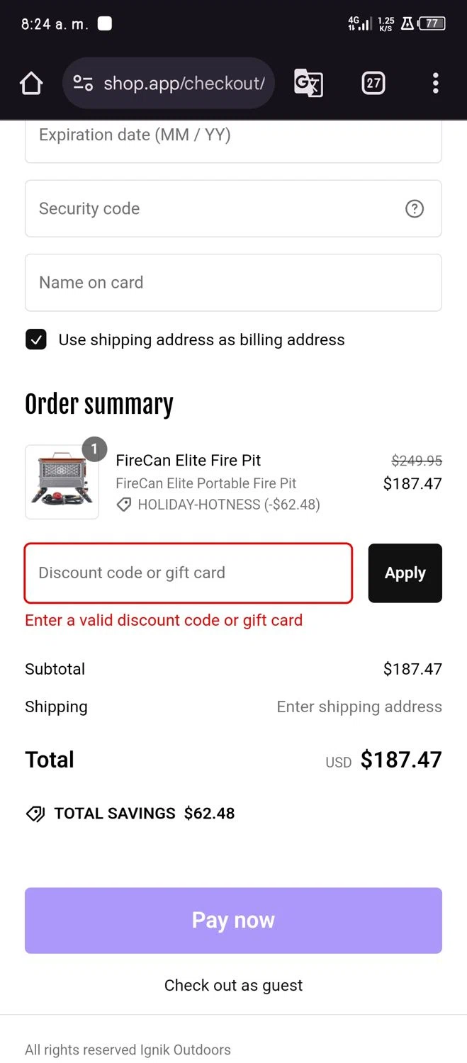 Ignik Outdoors promo code screenshot showing code Ignik-blacked-out-25 applied at Ignik Outdoors checkout page. Uploaded by SimplyCodes community member Pinkicuat on Jan 1, 2025