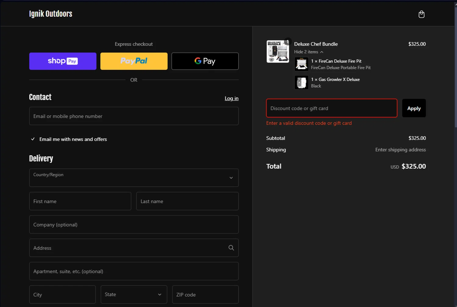 Ignik Outdoors promo code screenshot showing code Ignik-blacked-out-25 applied at Ignik Outdoors checkout page. Uploaded by SimplyCodes community member ScanEagle7415 on Jan 1, 2025