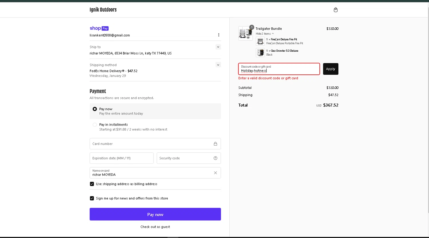 Ignik Outdoors promo code screenshot showing code Holiday-hotness applied at Ignik Outdoors checkout page. Uploaded by SimplyCodes community member CoinPilot9113 on Jan 18, 2025