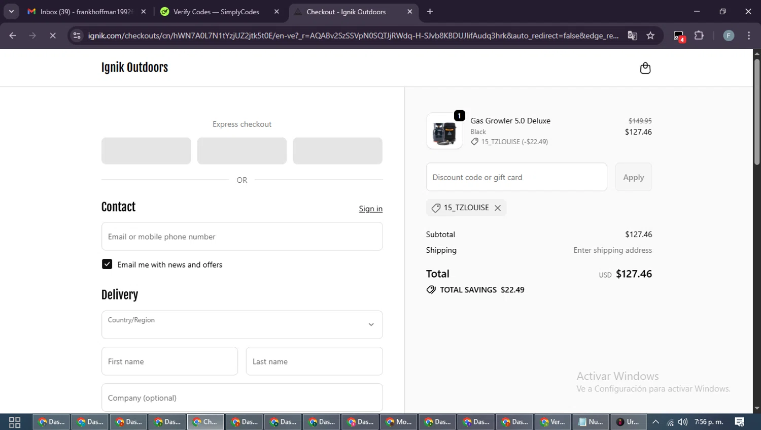 Ignik Outdoors checkout page showing Ignik Outdoors promo code box | Screenshot taken by SimplyCodes community member on Jan 2, 2026
