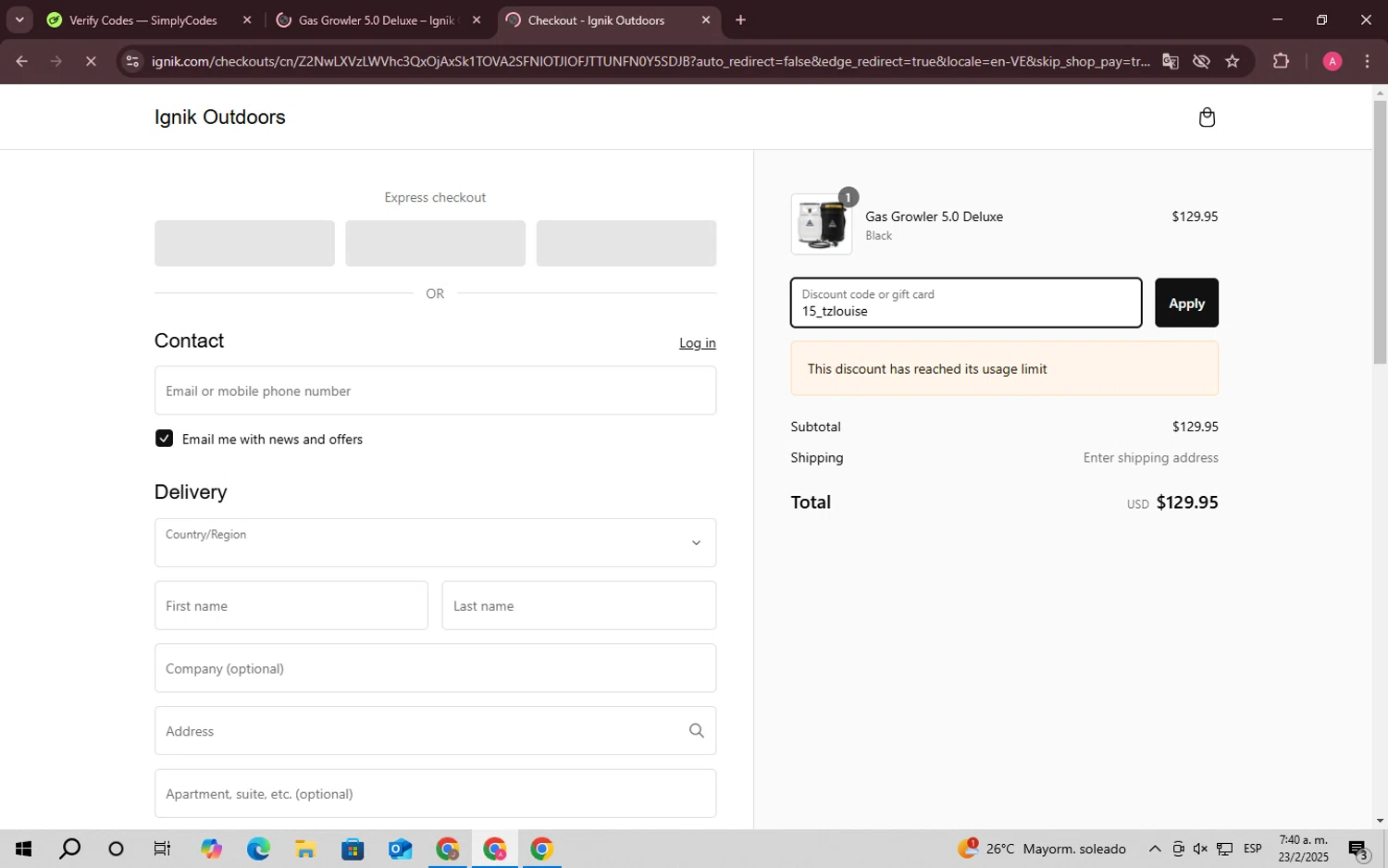 Ignik Outdoors promo code screenshot showing code 15_tzlouise applied at Ignik Outdoors checkout page. Uploaded by SimplyCodes community member SaleScholar6713 on Feb 23, 2025