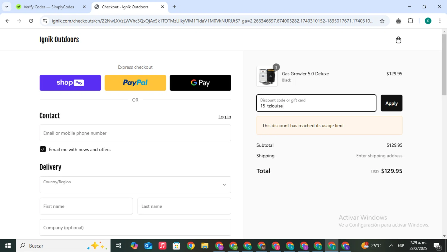 Ignik Outdoors promo code screenshot showing code 15_tzlouise applied at Ignik Outdoors checkout page. Uploaded by SimplyCodes community member VictoriousPilot5281 on Feb 23, 2025