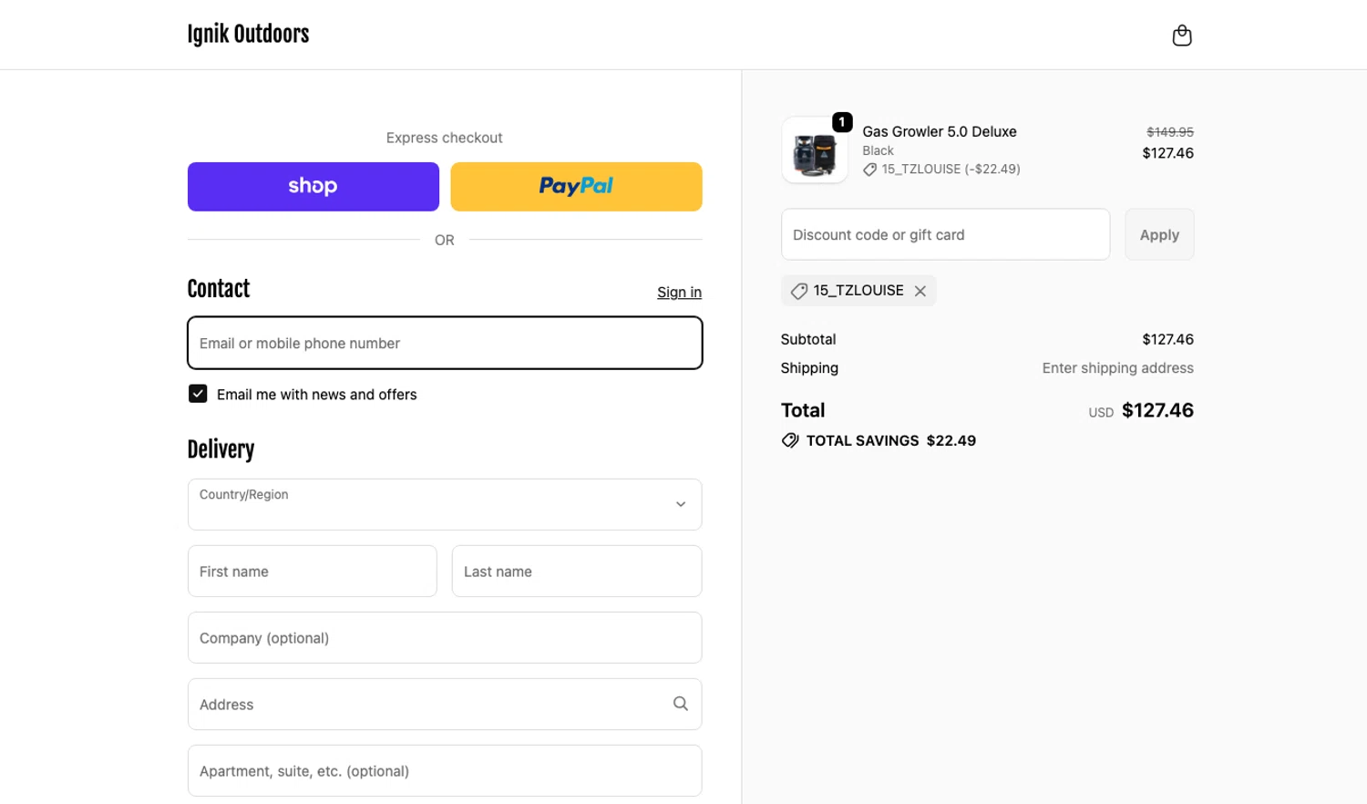 Ignik Outdoors promo code screenshot showing code 15_tzlouise applied at Ignik Outdoors checkout page. Uploaded by SimplyCodes community member ELOIN777 on Dec 23, 2025