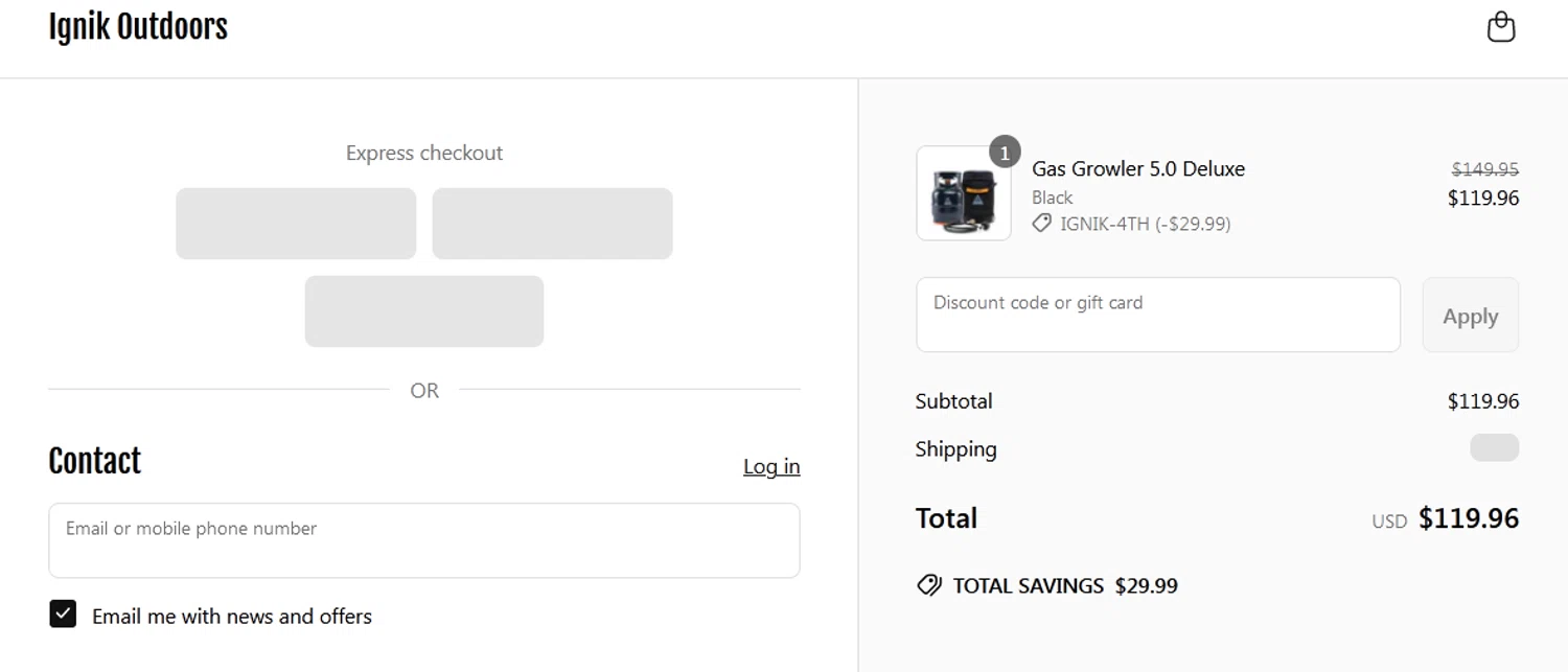 Ignik Outdoors promo code screenshot showing code IGNIK-4TH applied at Ignik Outdoors checkout page. Uploaded by SimplyCodes community member alexjohnson on Jun 30, 2025