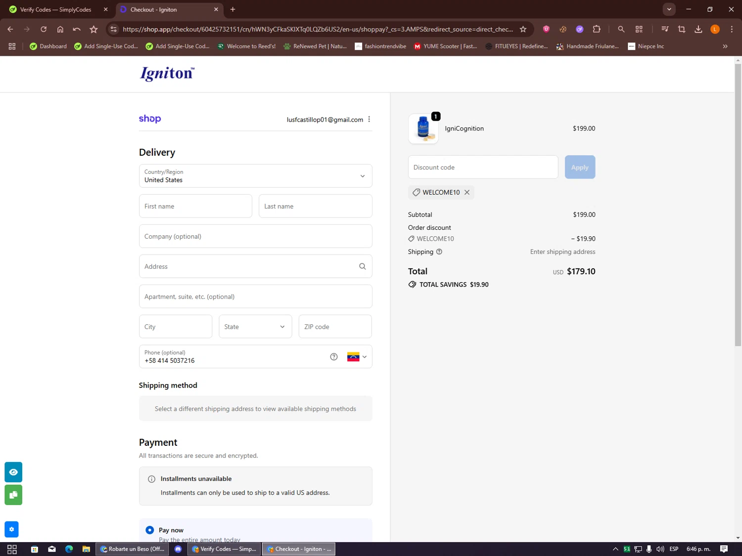 Igniton promo code screenshot showing code WELCOME10 applied at Igniton checkout page. Uploaded by SimplyCodes community member Alalee on Oct 10, 2025