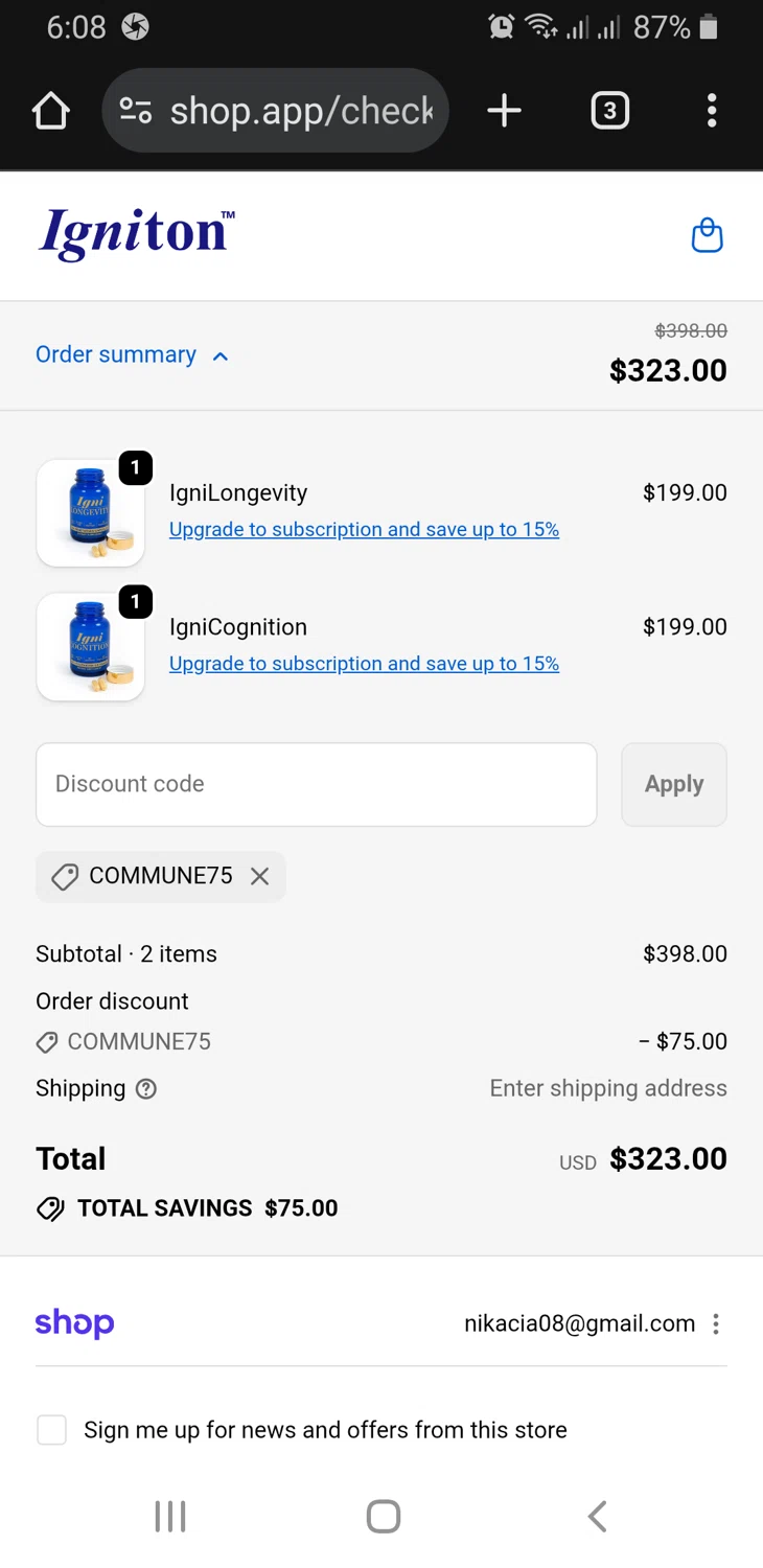 Igniton promo code screenshot showing code COMMUNE75 applied at Igniton checkout page. Uploaded by SimplyCodes community member GloriousFinder136 on Dec 11, 2025