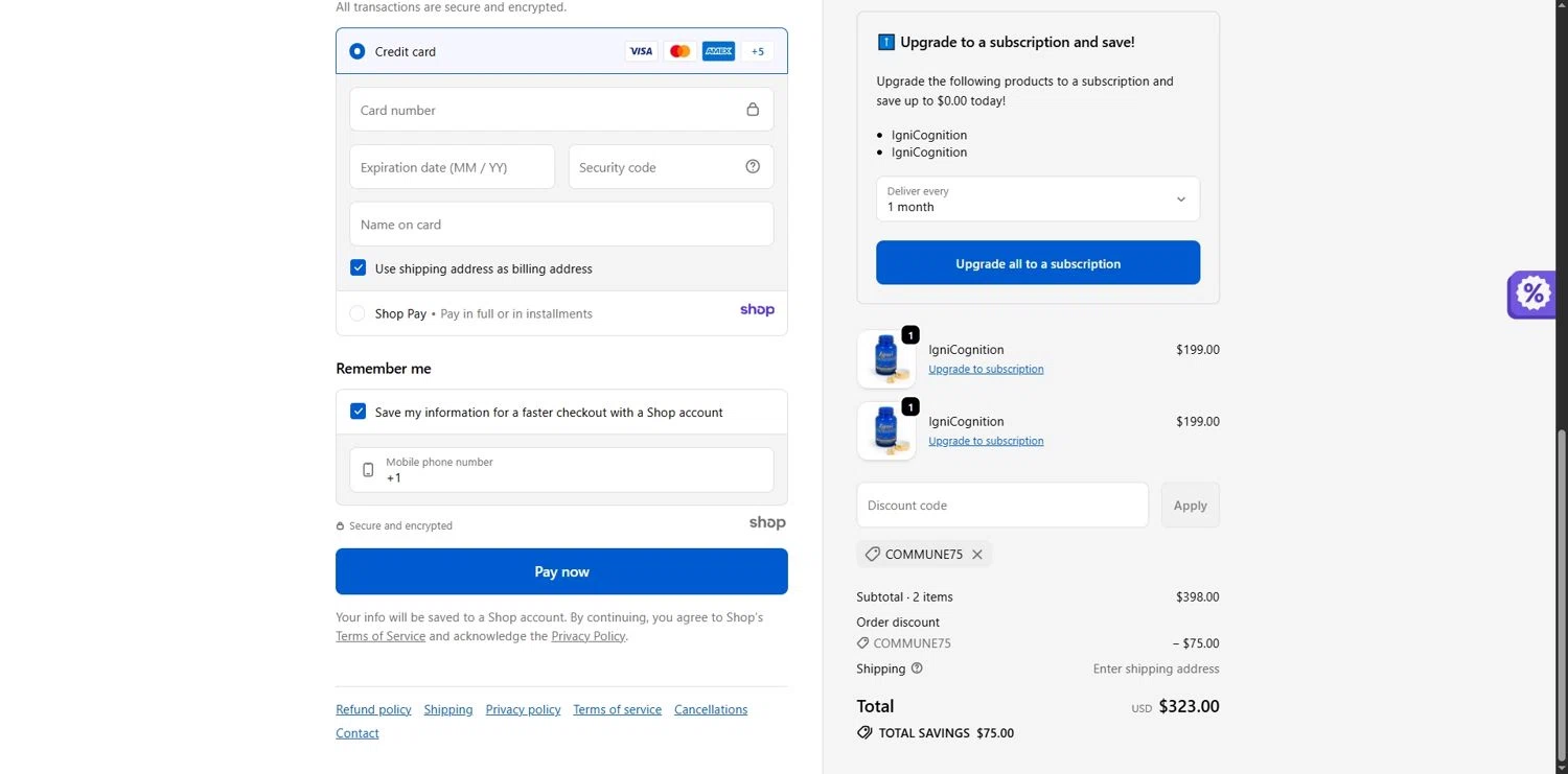 Igniton promo code screenshot showing code COMMUNE75 applied at Igniton checkout page. Uploaded by SimplyCodes community member Depressive on Nov 12, 2025