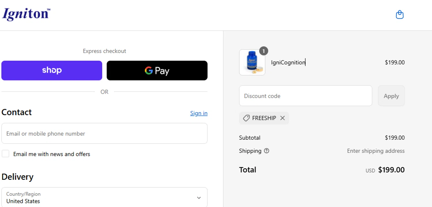 Igniton promo code screenshot showing code FREESHIP applied at Igniton checkout page. Uploaded by SimplyCodes community member aumentadax10 on Sep 11, 2025