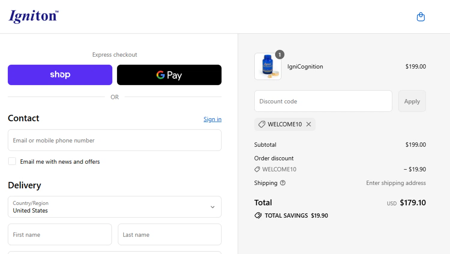 Igniton promo code screenshot showing code WELCOME10 applied at Igniton checkout page. Uploaded by SimplyCodes community member aumentadax10 on Sep 11, 2025