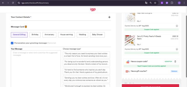 IGP.com checkout page showing IGP.com coupon code box | Screenshot taken by SimplyCodes community member on Aug 25, 2025