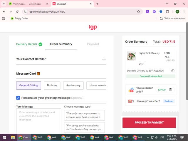 IGP.com checkout page showing IGP.com coupon code box | Screenshot taken by SimplyCodes community member on Aug 27, 2025