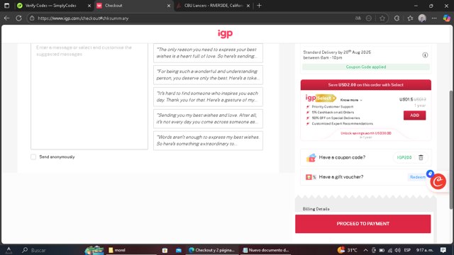 IGP.com checkout page showing IGP.com coupon code box | Screenshot taken by SimplyCodes community member on Aug 27, 2025