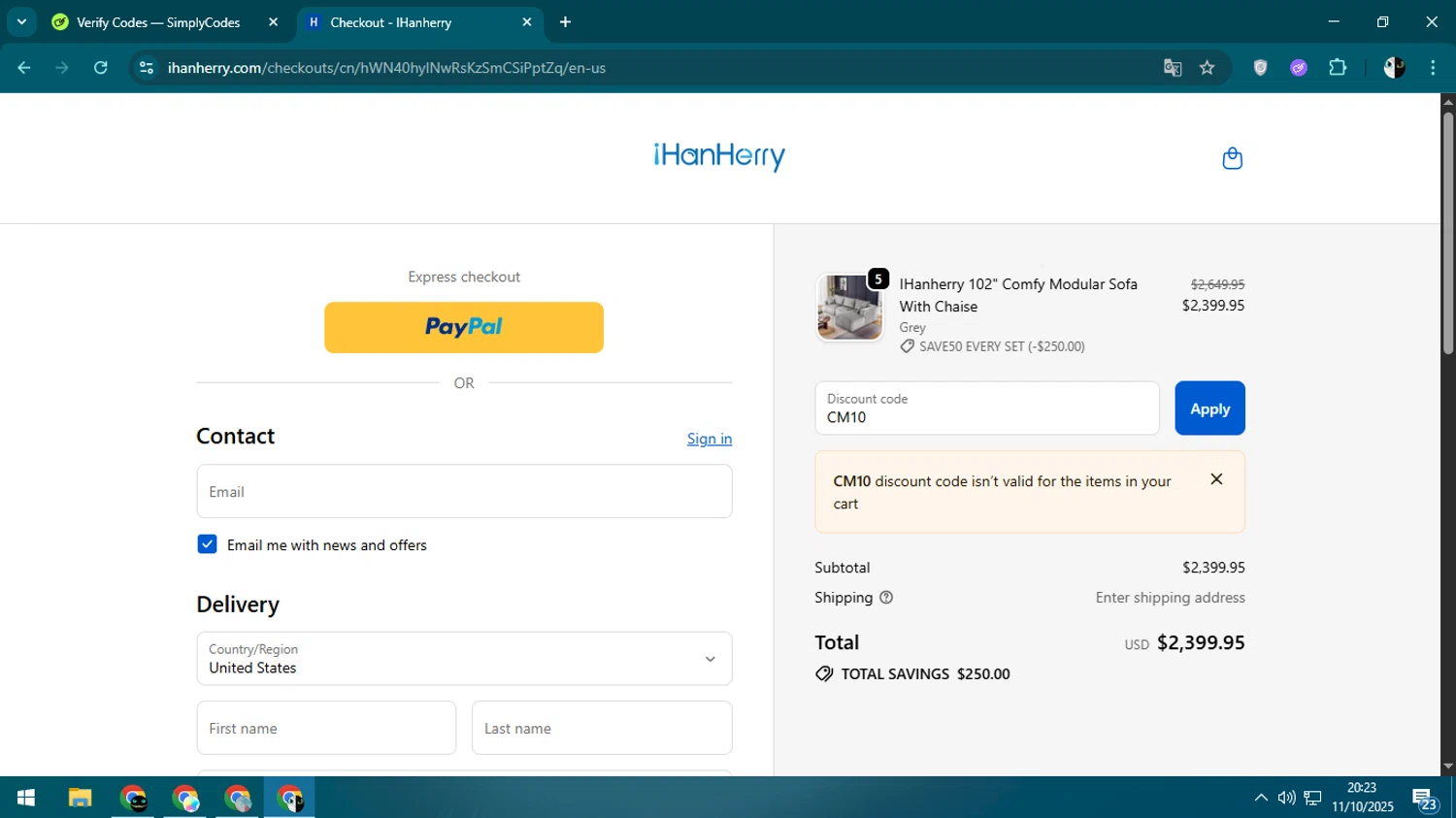 IHanherry promo code screenshot showing code CM10 applied at IHanherry checkout page. Uploaded by SimplyCodes community member CleverSage9163 on Oct 12, 2025