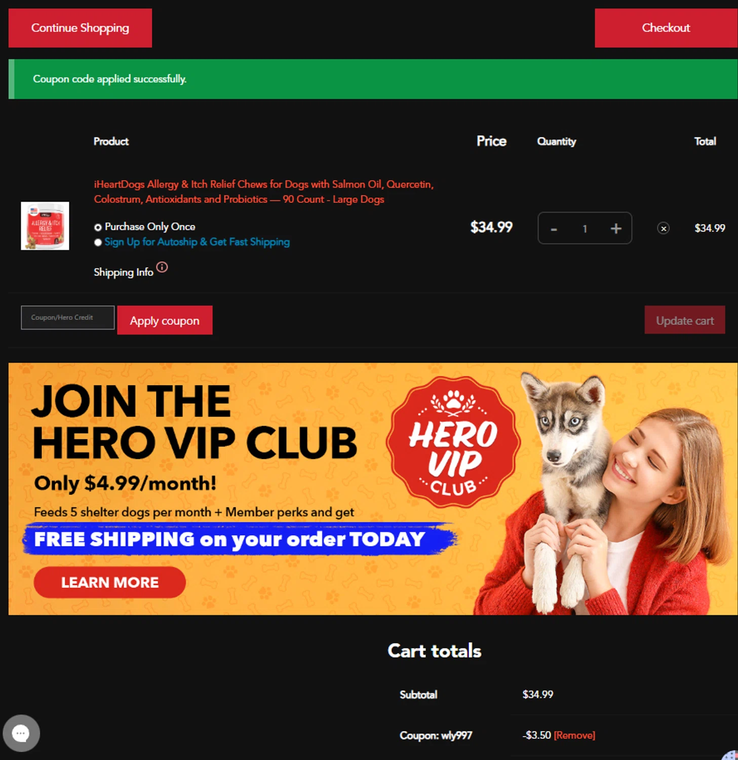 iHeartDogs coupon code screenshot showing code WLY997 applied at iHeartDogs checkout page. Uploaded by SimplyCodes community member idkxxx on May 21, 2025