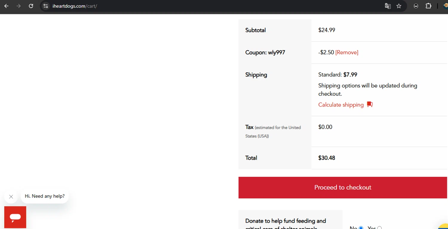 iHeartDogs coupon code screenshot showing code WLY997 applied at iHeartDogs checkout page. Uploaded by SimplyCodes community member RoyalSpotter5217 on Mar 6, 2025