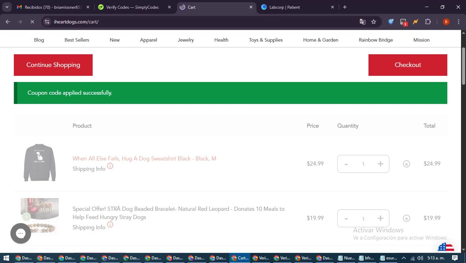 iHeartDogs coupon code screenshot showing code DONTMISS15OFF applied at iHeartDogs checkout page. Uploaded by SimplyCodes community member DiscountExpert6435 on Jun 18, 2025