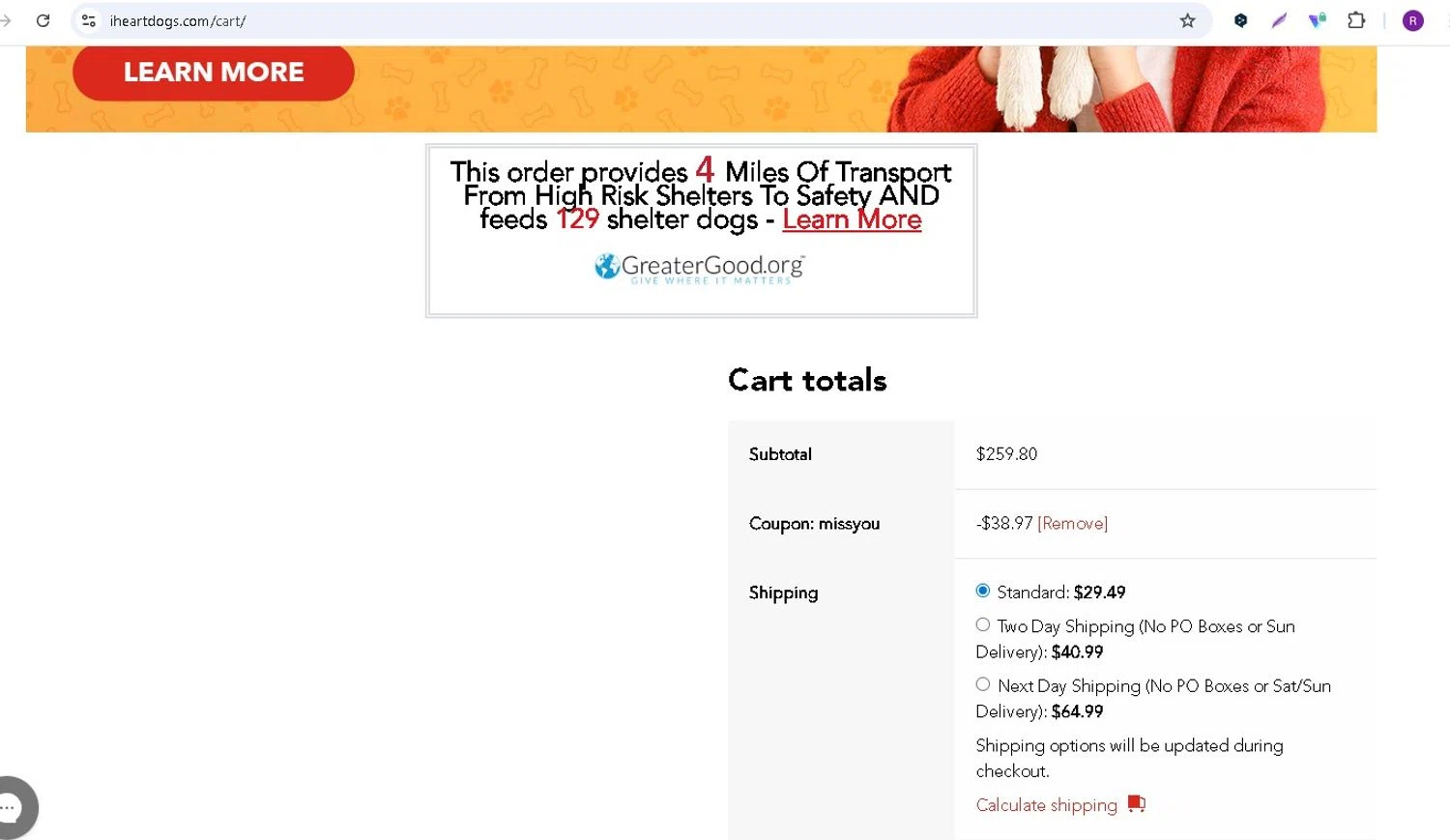 iHeartDogs coupon code screenshot showing code missyou applied at iHeartDogs checkout page. Uploaded by SimplyCodes community member LAMINEJAMAL on Jan 4, 2026