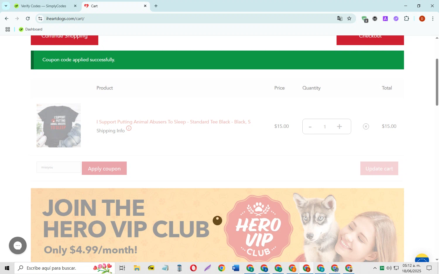iHeartDogs coupon code screenshot showing code missyou applied at iHeartDogs checkout page. Uploaded by SimplyCodes community member SaleSaver3540 on Jun 18, 2025
