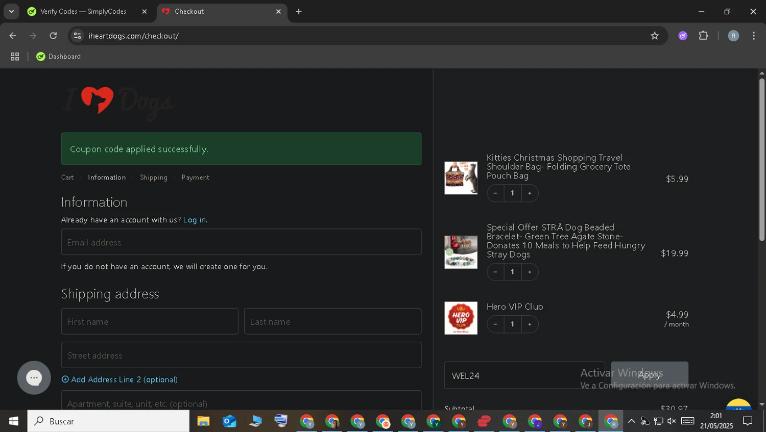 iHeartDogs coupon code screenshot showing code WEL24 applied at iHeartDogs checkout page. Uploaded by SimplyCodes community member WonderCollector7587 on May 21, 2025