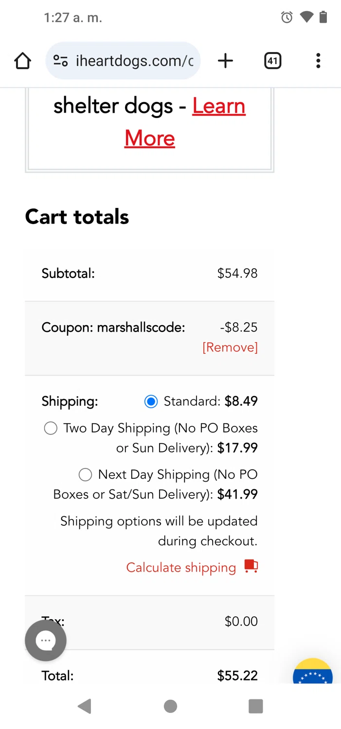 iHeartDogs coupon code screenshot showing code MARSHALLSCODE applied at iHeartDogs checkout page. Uploaded by SimplyCodes community member MeganFox on May 14, 2025