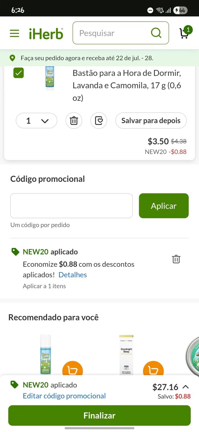 iHerb.com promo code screenshot showing code NEW20 applied at iHerb.com checkout page. Uploaded by SimplyCodes community member CleverLynx5188 on Jul 3, 2025