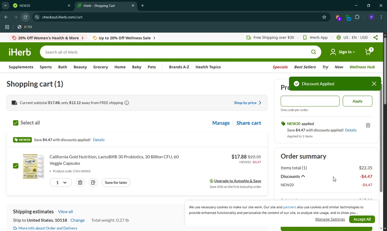 iHerb.com promo code screenshot showing code NEW20 applied at iHerb.com checkout page. Uploaded by SimplyCodes community member ShieldLion4225 on May 5, 2025