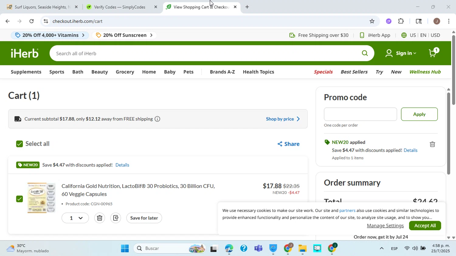 iHerb.com promo code screenshot showing code NEW20 applied at iHerb.com checkout page. Uploaded by SimplyCodes community member jorgejavierherrera on Jul 23, 2025