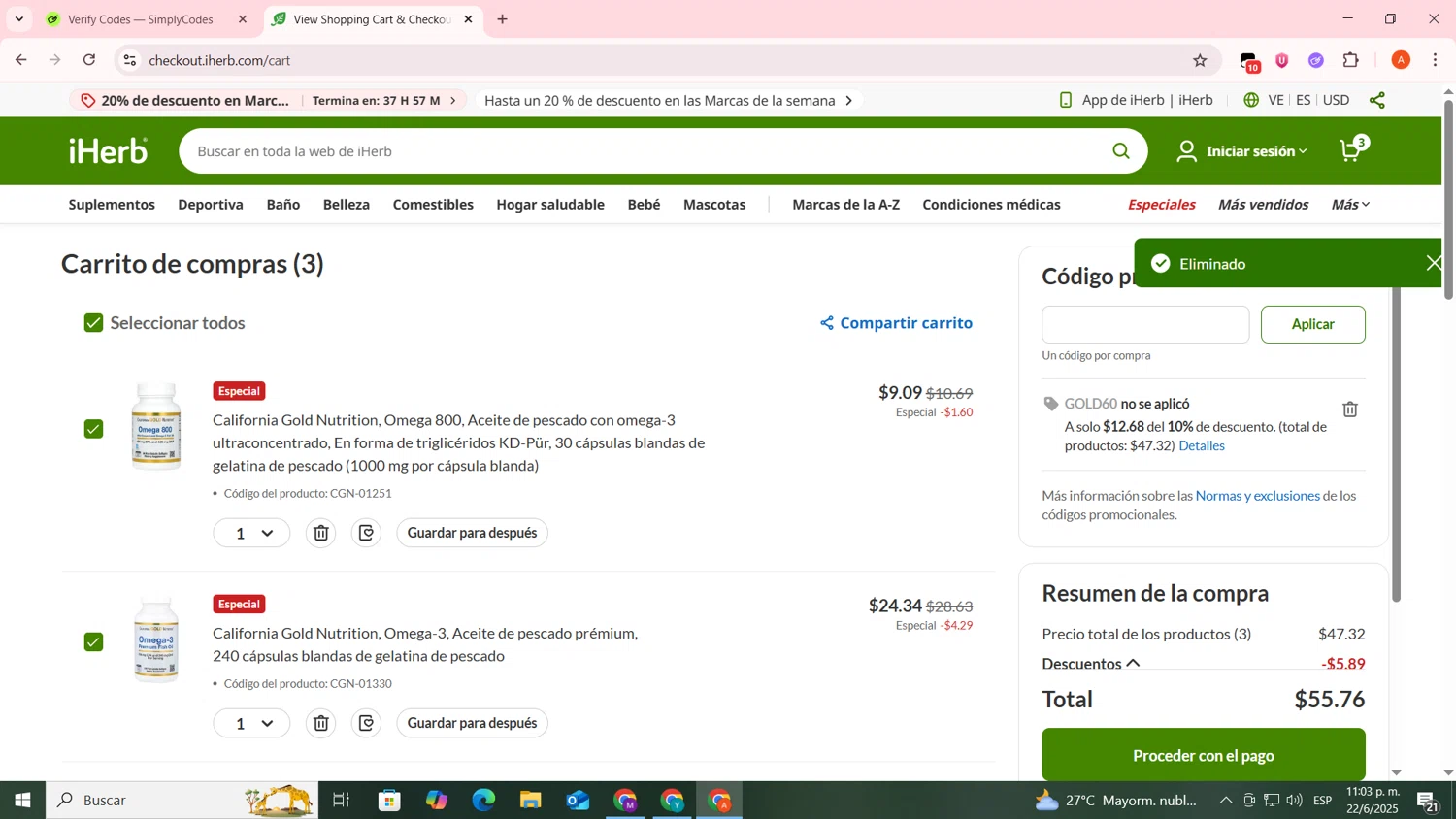 iHerb.com promo code screenshot showing code GOLD60 applied at iHerb.com checkout page. Uploaded by SimplyCodes community member FrugalSentinel6206 on Jun 23, 2025