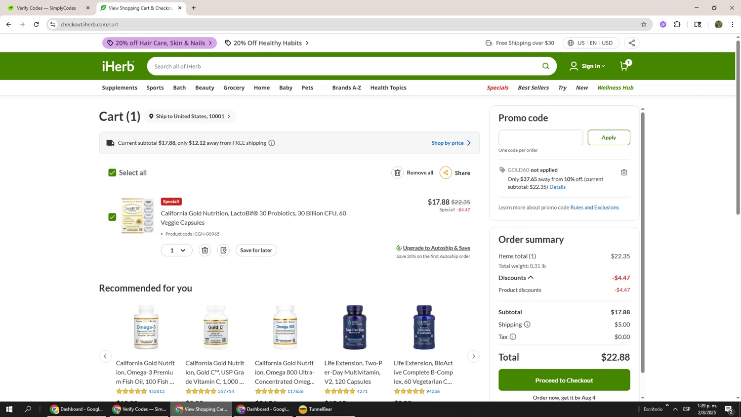 iHerb.com promo code screenshot showing code GOLD60 applied at iHerb.com checkout page. Uploaded by SimplyCodes community member Phoenix585 on Aug 2, 2025