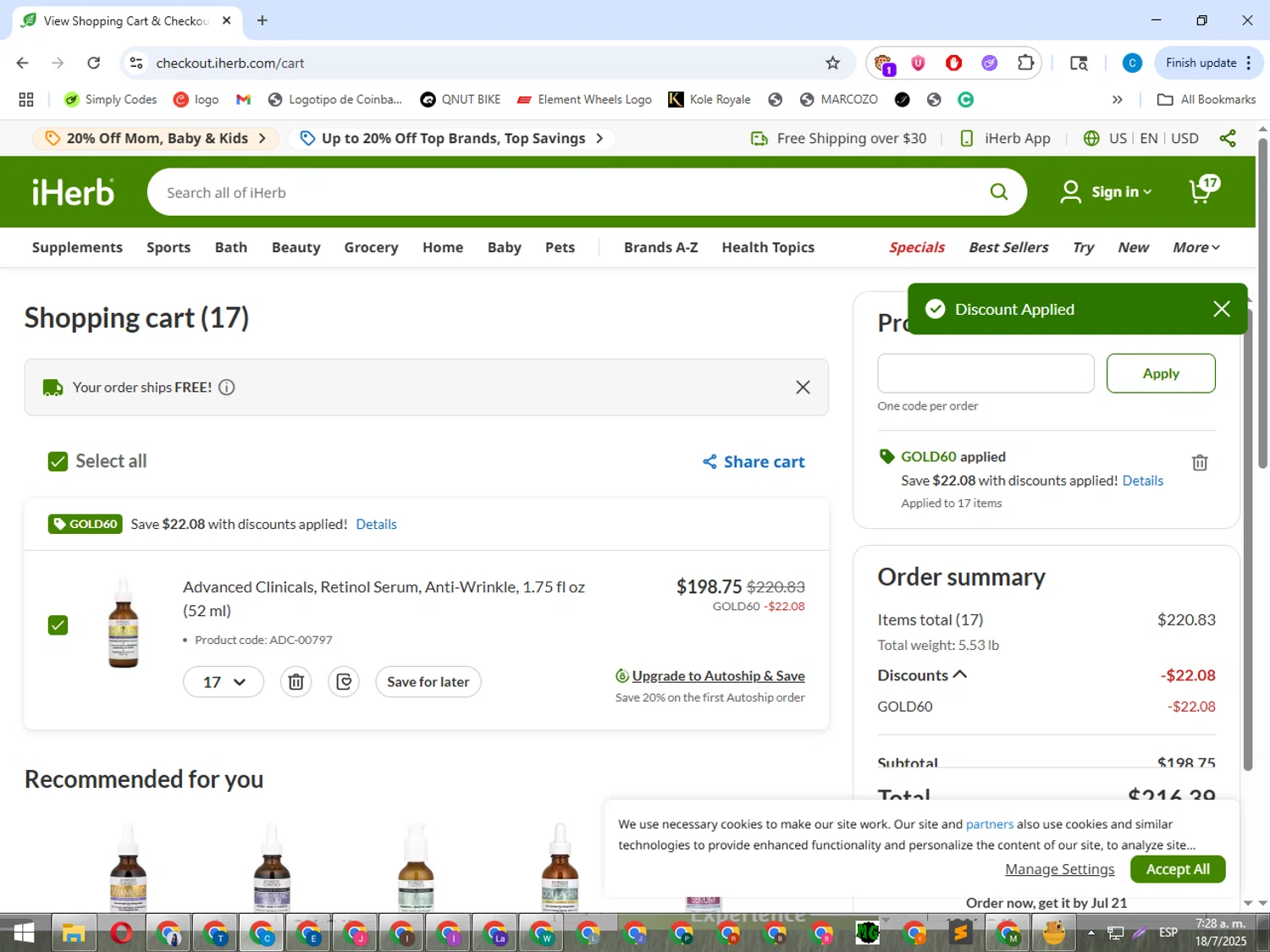 iHerb.com promo code screenshot showing code GOLD60 applied at iHerb.com checkout page. Uploaded by SimplyCodes community member ShrewdWhiz2806 on Jul 18, 2025
