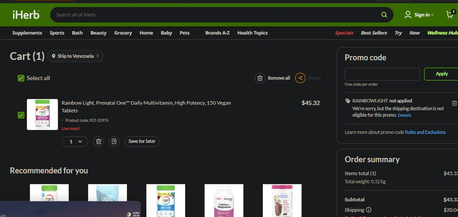 iHerb.com promo code screenshot showing code RAINBOWLIGHT applied at iHerb.com checkout page. Uploaded by SimplyCodes community member idkxxx on Jul 26, 2025