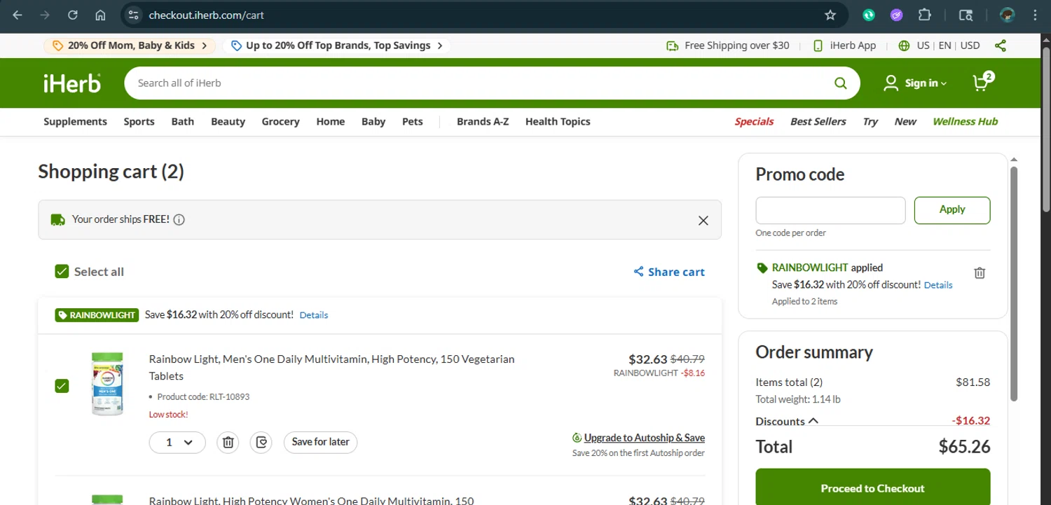 iHerb.com promo code screenshot showing code RAINBOWLIGHT applied at iHerb.com checkout page. Uploaded by SimplyCodes community member xAngel on Jul 19, 2025