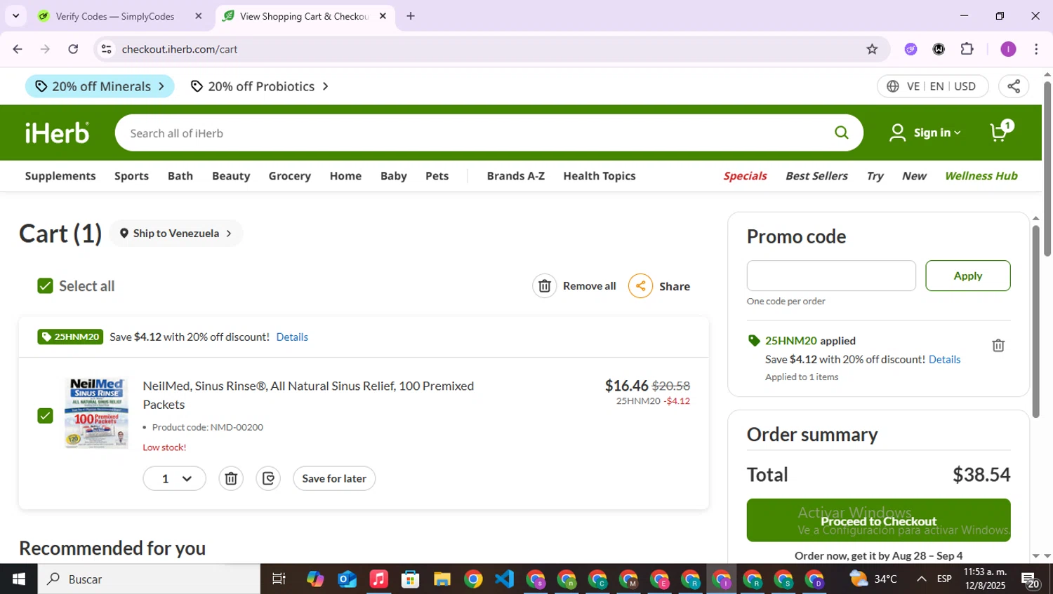 iHerb.com promo code screenshot showing code 25HNM20 applied at iHerb.com checkout page. Uploaded by SimplyCodes community member RebateAce6764 on Aug 12, 2025