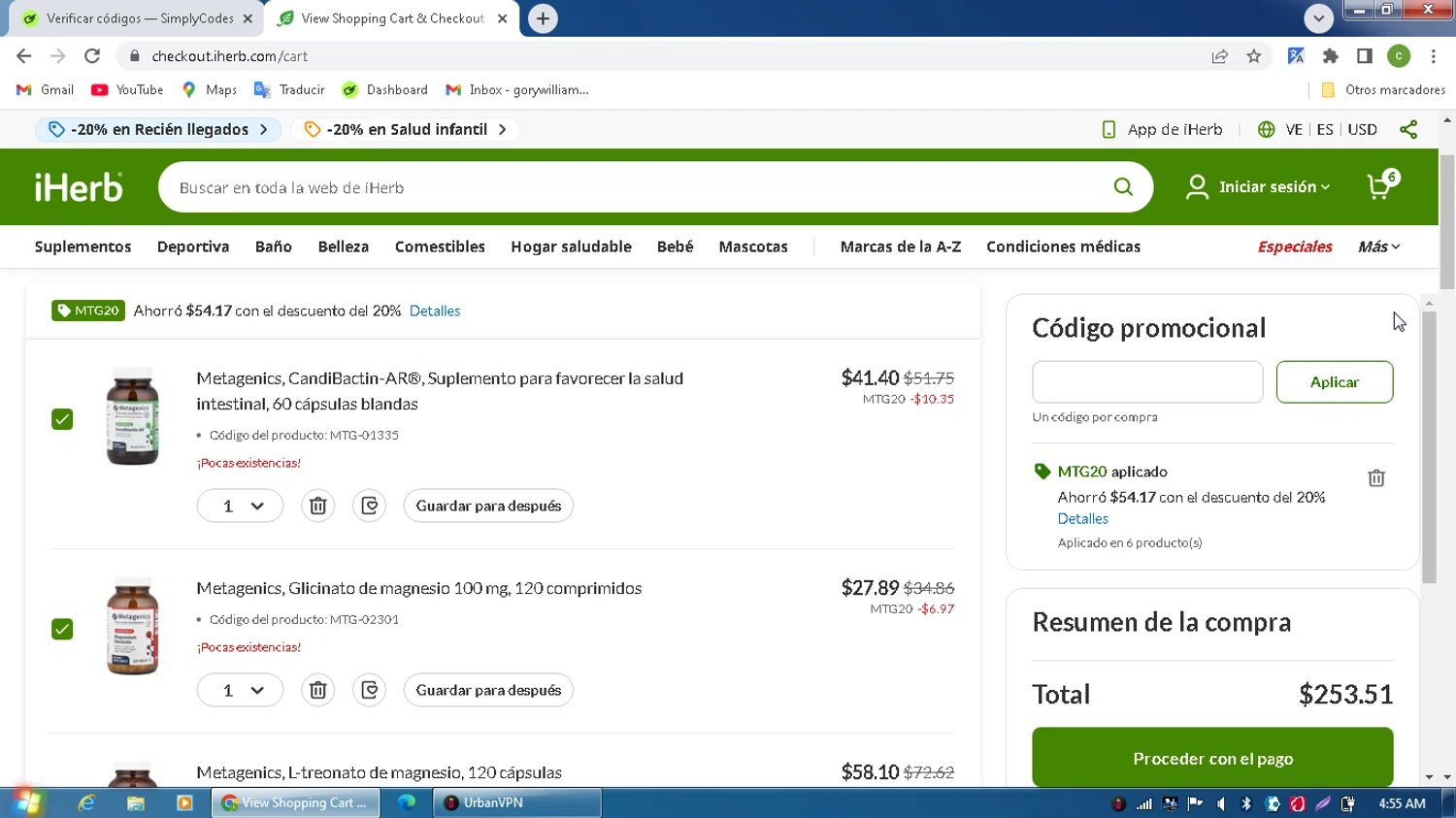 iHerb.com promo code screenshot showing code MTG20 applied at iHerb.com checkout page. Uploaded by SimplyCodes community member MagnificentPilot8371 on Jul 6, 2025