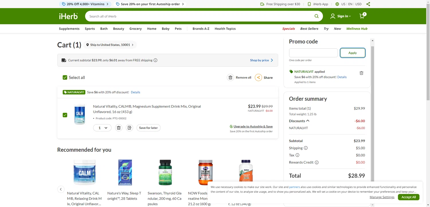 iHerb.com promo code screenshot showing code NATURALVIT applied at iHerb.com checkout page. Uploaded by SimplyCodes community member CleverHawk1744 on Jul 27, 2025