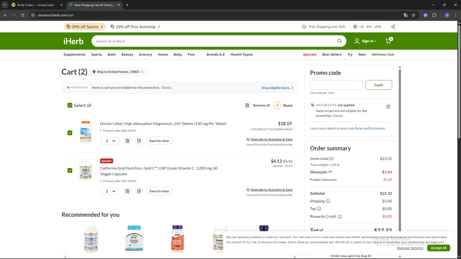 iHerb.com promo code screenshot showing code NATURALVIT applied at iHerb.com checkout page. Uploaded by SimplyCodes community member SAKURA on Aug 20, 2025