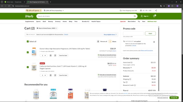 iHerb.com checkout page showing iHerb.com promo code box | Screenshot taken by SimplyCodes community member on Aug 20, 2025