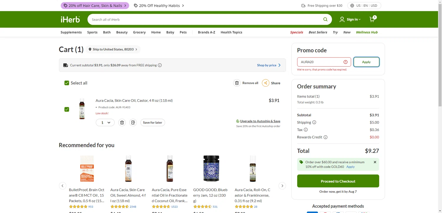 iHerb.com promo code screenshot showing code AURA20 applied at iHerb.com checkout page. Uploaded by SimplyCodes community member ExtraordinaryShopper780 on Aug 5, 2025