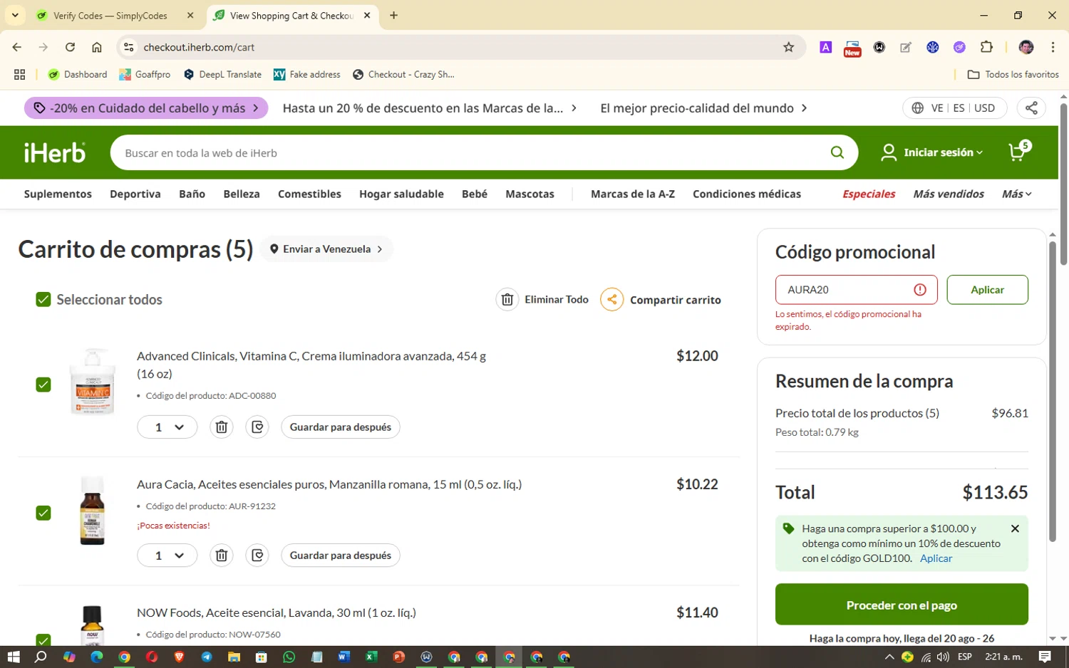 iHerb.com promo code screenshot showing code AURA20 applied at iHerb.com checkout page. Uploaded by SimplyCodes community member GutFig08 on Aug 5, 2025