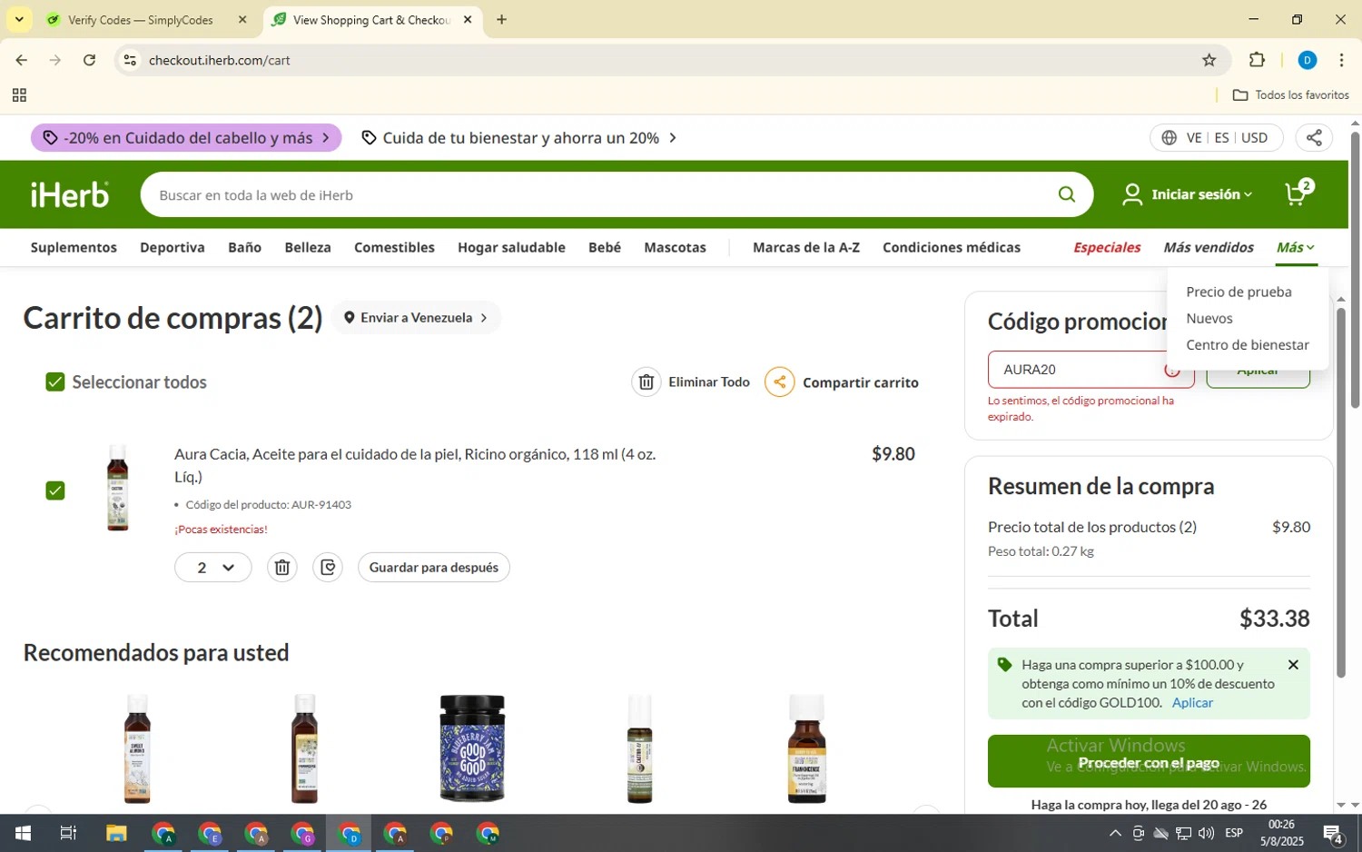 iHerb.com promo code screenshot showing code AURA20 applied at iHerb.com checkout page. Uploaded by SimplyCodes community member WonderPilot8835 on Aug 5, 2025