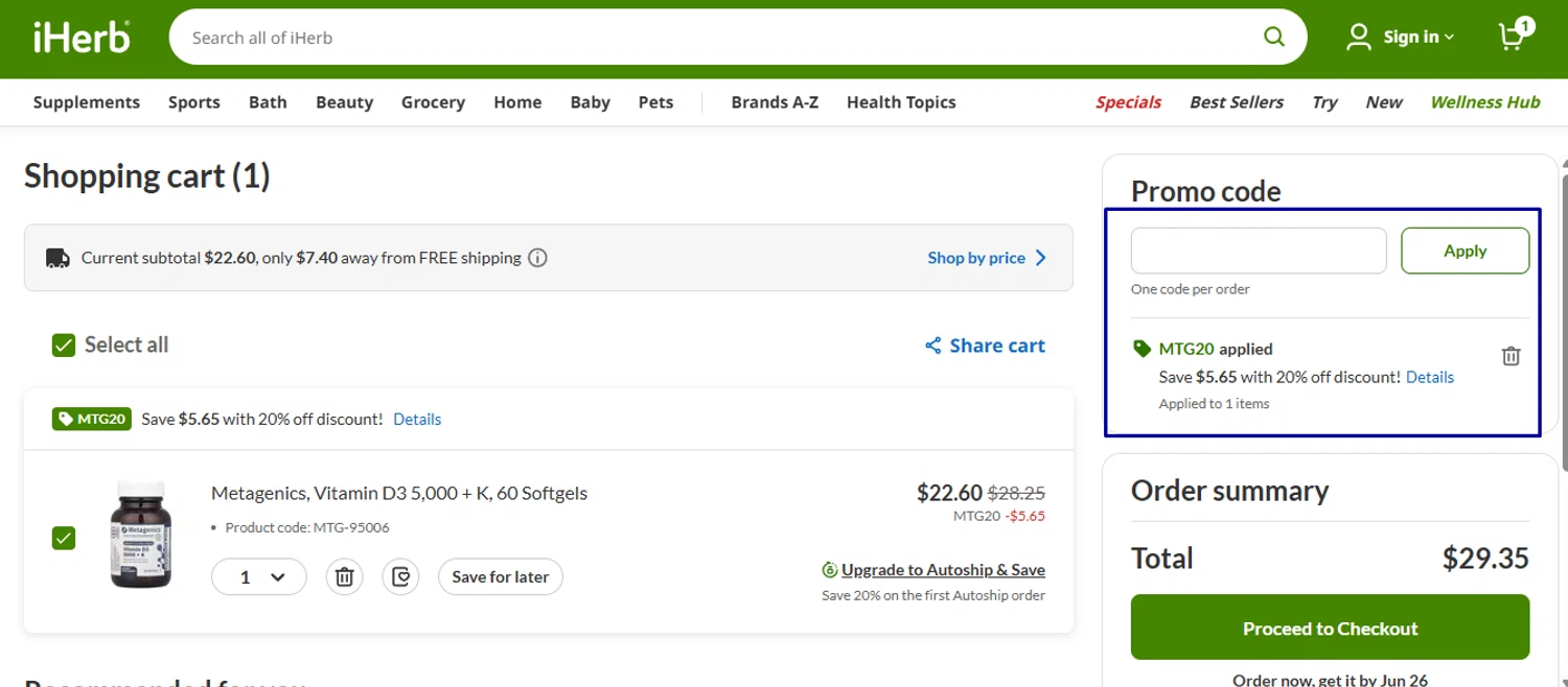 iHerb.com promo code screenshot showing code MTG20 applied at iHerb.com checkout page. Uploaded by SimplyCodes community member Swiftdealz on Jun 23, 2025