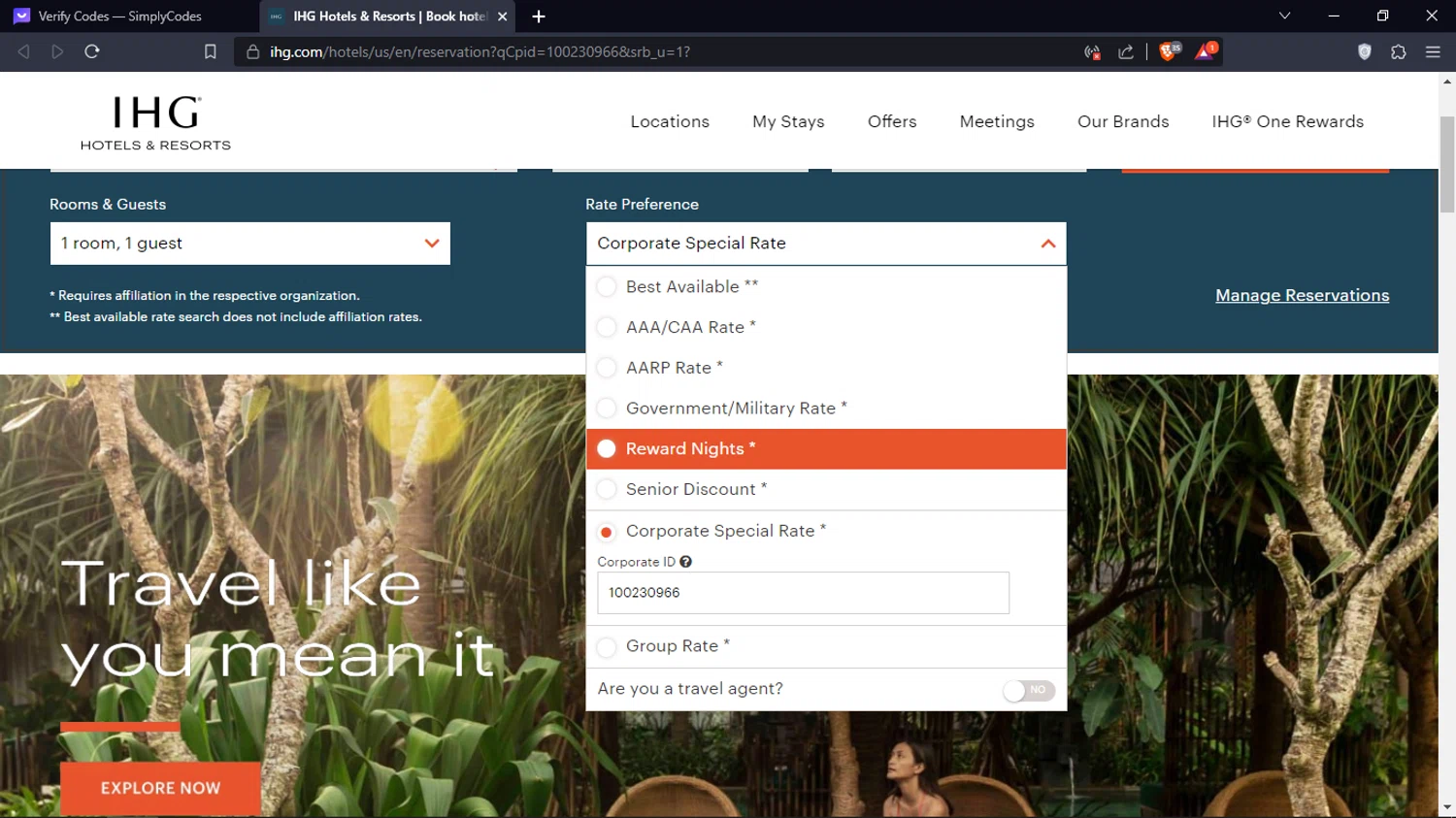 IHG checkout page showing IHG discount code box | Screenshot taken by SimplyCodes community member on Sep 12, 2023