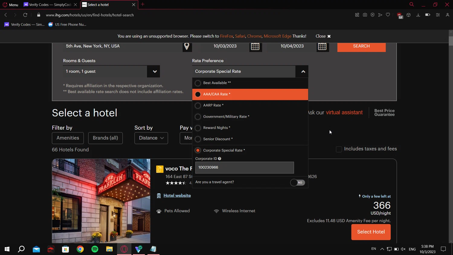 IHG checkout page showing IHG discount code box | Screenshot taken by SimplyCodes community member on Oct 3, 2023