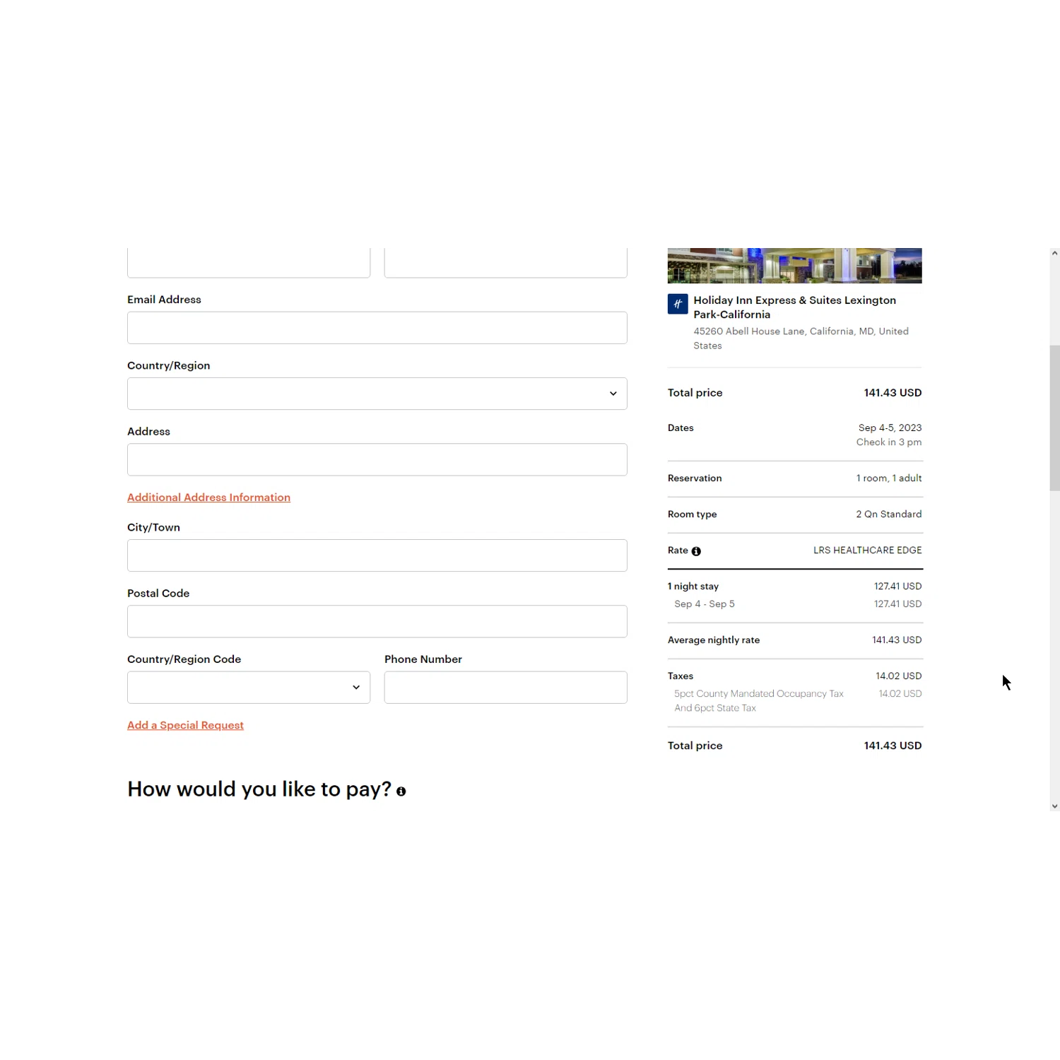 IHG checkout page showing IHG discount code box | Screenshot taken by SimplyCodes community member on Sep 4, 2023