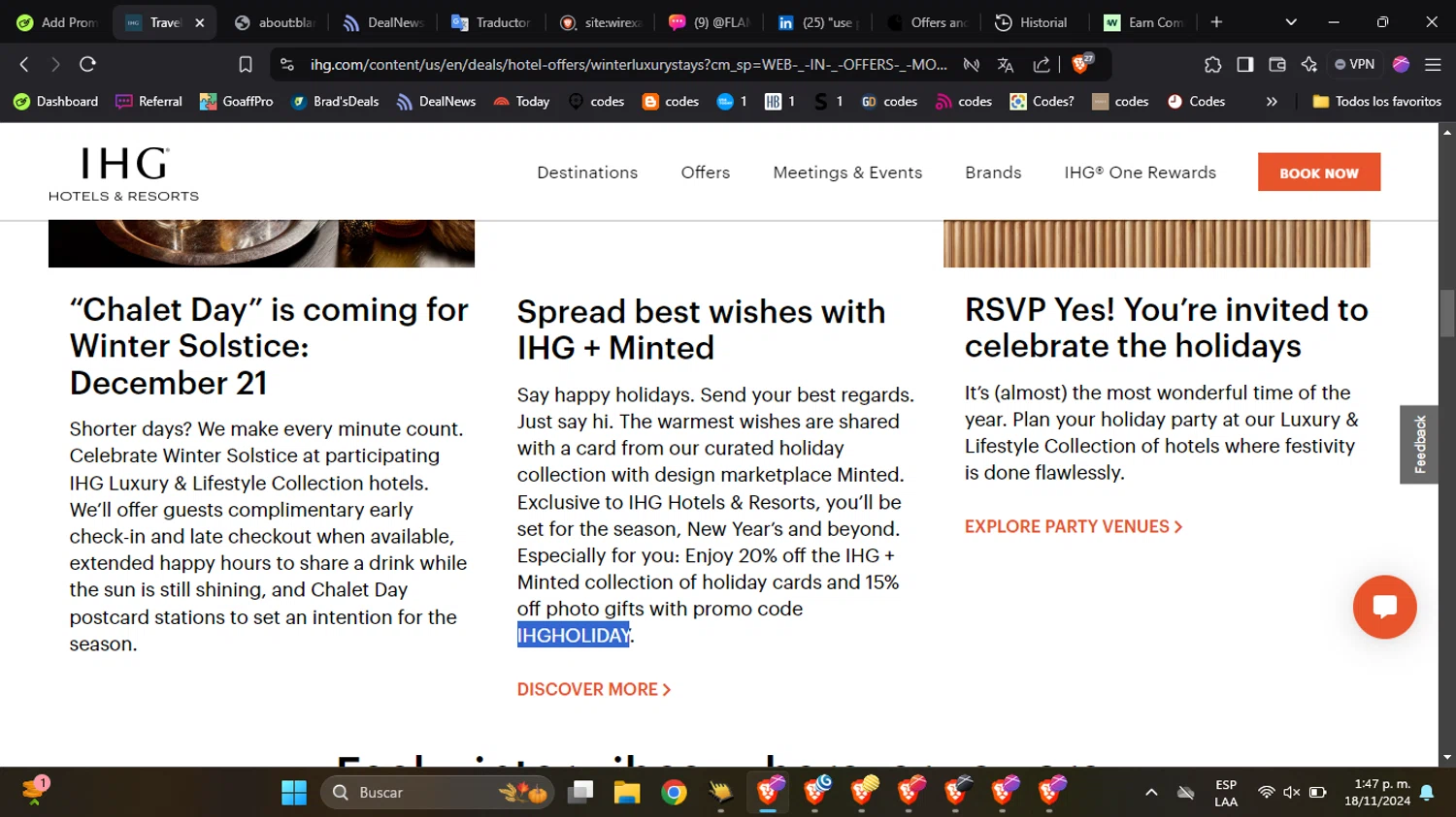 IHG discount code screenshot showing code IHGHOLIDAY applied at IHG checkout page. Uploaded by SimplyCodes community member BabaYaga on Nov 18, 2024
