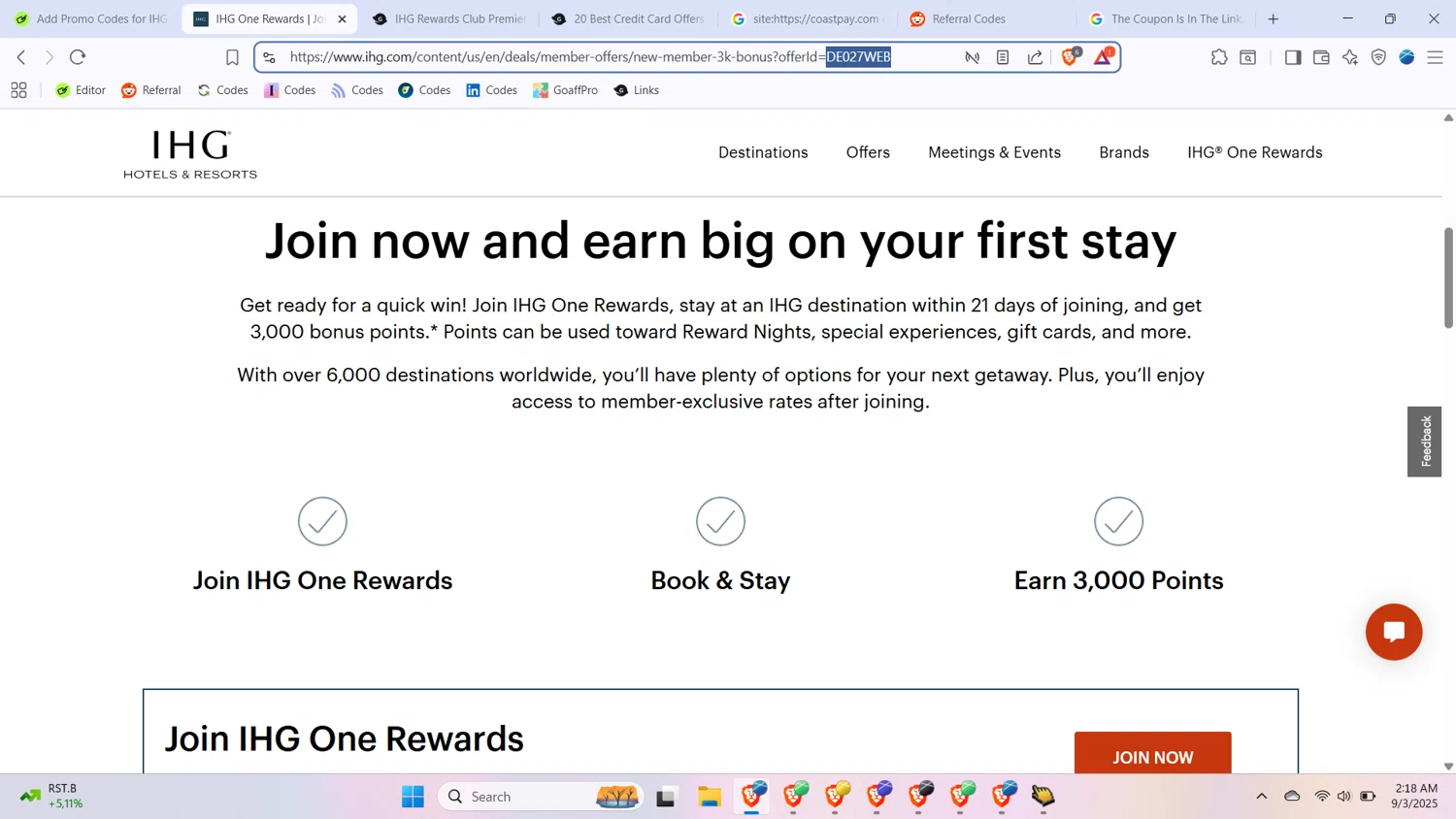 IHG discount code screenshot showing code DE027WEB applied at IHG checkout page. Uploaded by SimplyCodes community member BabaYaga on Sep 3, 2025