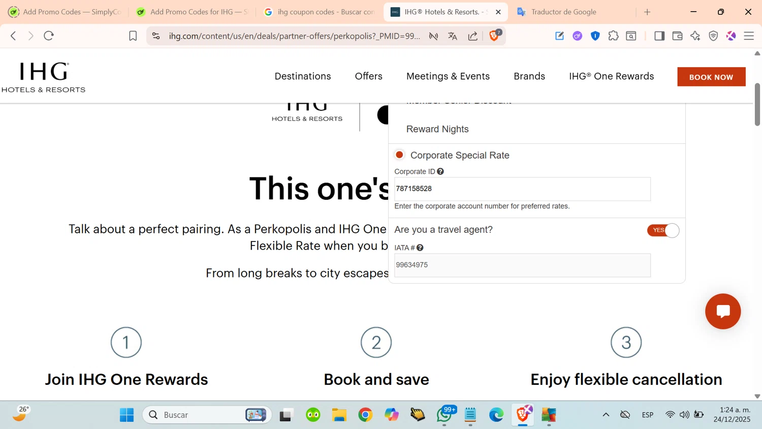 IHG discount code screenshot showing code 787158528 applied at IHG checkout page. Uploaded by SimplyCodes community member cosita on Dec 24, 2025