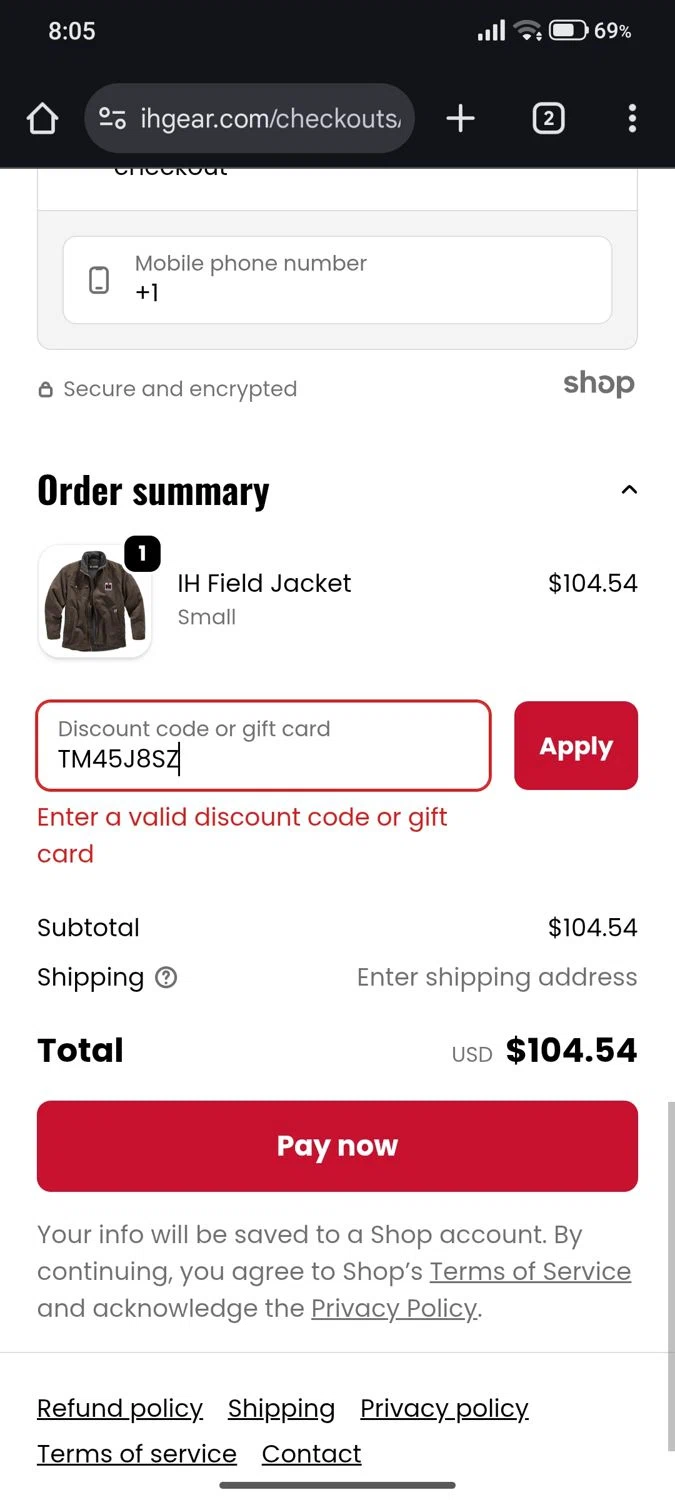 IH Gear promo code screenshot showing code TM45J8SZ applied at IH Gear checkout page. Uploaded by SimplyCodes community member FrugalMonarch7277 on Jan 1, 2026