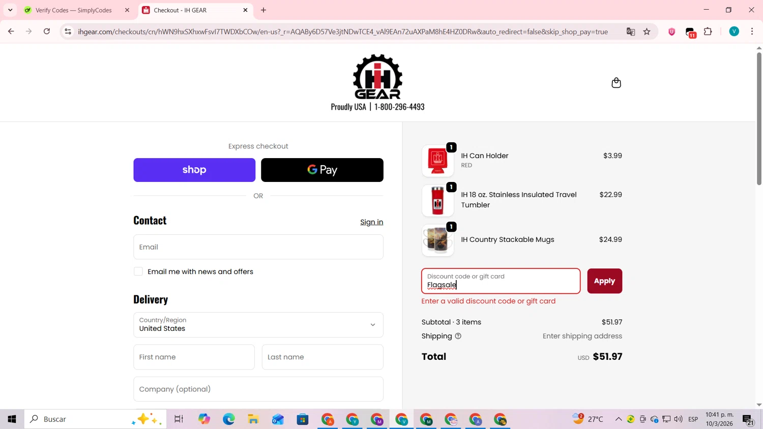 IH Gear promo code screenshot showing code Flagsale applied at IH Gear checkout page. Uploaded by SimplyCodes community member lyffytaro on Mar 11, 2026